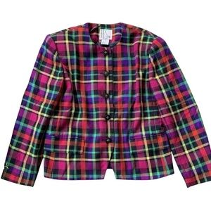 Vtg HBS Limited Plaid Gingham Buttoned Blazer Jacket Red Pink Teal Size Petite 8